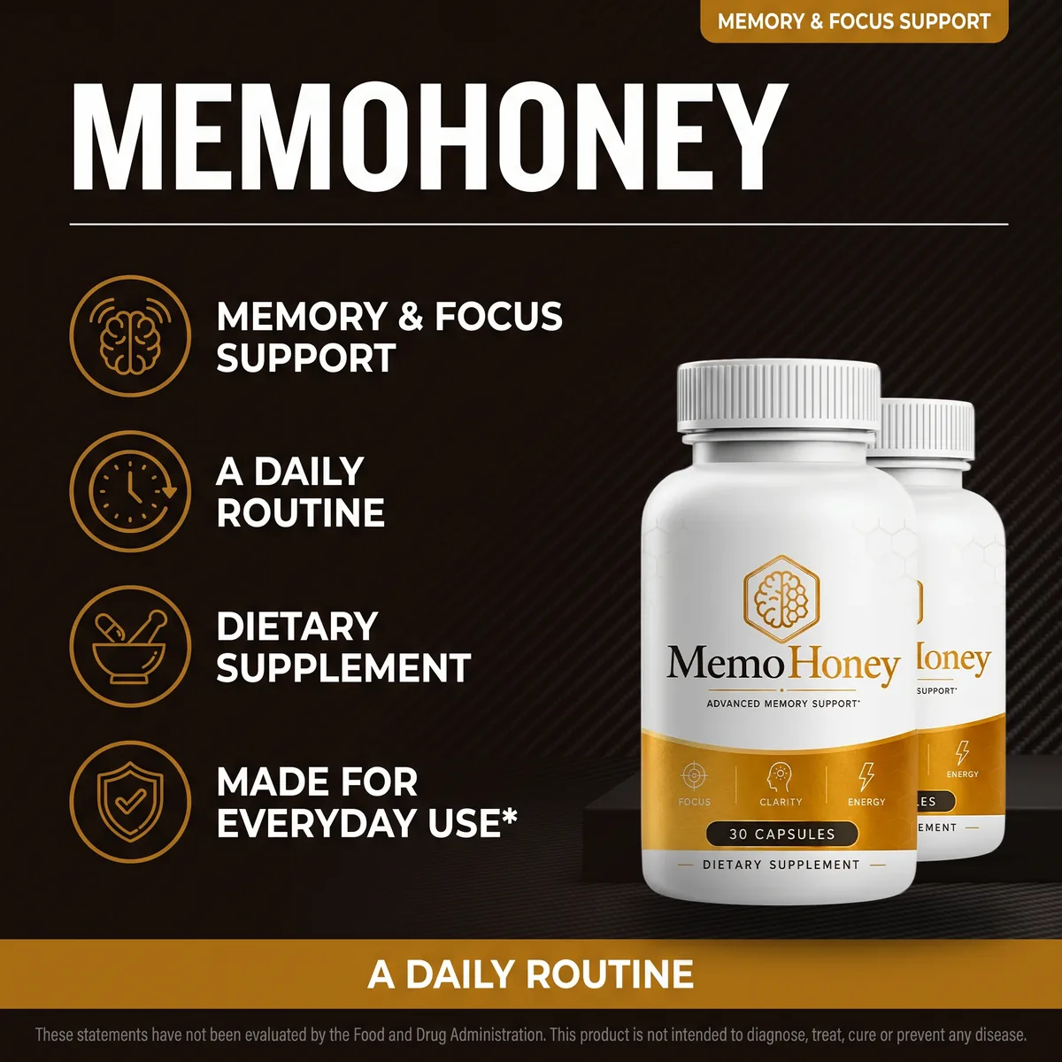The MemoHoney memory and focus listing scene, two bottles beside four claim tiles