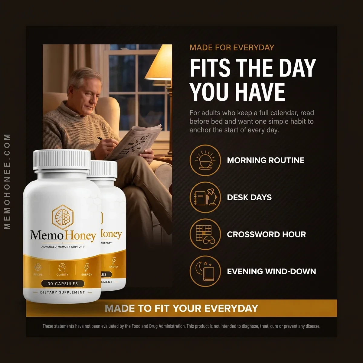 The MemoHoney who-it-is-for listing scene, bottles beside everyday-use tiles