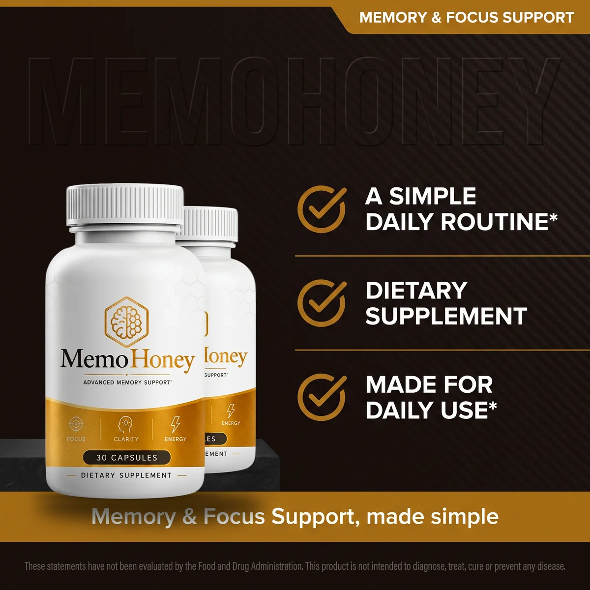 The MemoHoney why-buy listing scene, bottles beside a simple daily routine panel