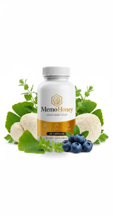 A single MemoHoney bottle standing among botanicals